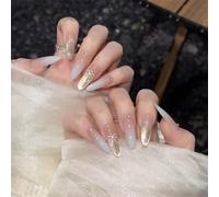 Unghie finte lunghe a mandorla fatte a mano, a pressione, eleganti, con stelle, fiocco per nail art, decorazione per unghie a occhio di gatto, per donne e ragazze, 10 pezzi (A715-L)