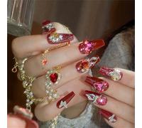 Unghie finte lunghe a pressione, con strass scintillanti, decorazione per nail art, rosse, lussuose, per donne e ragazze, 24 pezzi