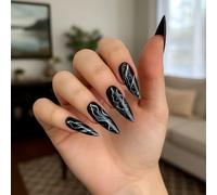 Unghie finte lunghe a pressione, punte affusolate a stiletto a spirale in | Unghie finte preformate per eventi serali, festival e feste con linee lucide bianche e grigie, macchie argentate