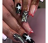 Unghie finte lunghe a pressione quadrate nere con punta francese unghie finte con stelle e disegni a vortice unghie acriliche a pressione su unghie lunghe quadrate copertura completa stick on nail per