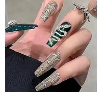 Unghie finte lunghe, dorate, a pressione, con strass, riutilizzabili, 24 pezzi, per donne e ragazze