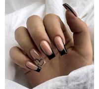 Unghie finte lunghe, lucide, tinta unita, con colla for unghie, for donne e ragazze(French Black Edge Heart)