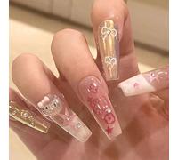 Unghie Finte Lunghe MouyouGlow,Ballerina Cute Kawaii Bow Tie Ribbon Papillon Luxury 3D Kitty Carton Diamant Stelle Press on Nails con Colla,Y2K Coquette Fake Nails,10pz(81-S Size)