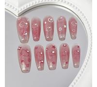 Unghie Finte Lunghe MouyouGlow,Ballerina Cute Kawaii Kitty Carton Luxury Print Rosa Cat Eye Magnetic Crystal Press on Nails con Colla,Pink Phototherapy Art Fake Nails,10pz(82-XS Size)