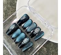 Unghie Finte Lunghe MouyouGlow,Ballerina Nero Gradient Blu Fuochi d'artificio Cat Eye Magnetic Anno nuovo Press on Nails con Colla,New Year Phototherapy Art Fake Nails,10pz(86-S Size)
