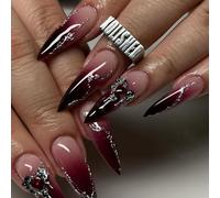 Unghie Finte Lunghe MouyouGlow,Stiletto Dark Rosso Gradiente Rosa Brillantini Press on Nails con Colla,Pink Wine Red Sfumatura Halloween Vampire Scintillio Fake Nails
