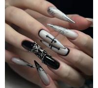 Unghie Finte Lunghe MouyouGlow,Stiletto Nero Argento Farfalla Cuore 3D Increspature dell'acqua Crystal Chrome Gothic Press on Nails con Colla,Halloween Black Silver Fake Nails