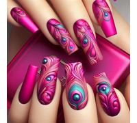 Unghie finte lunghe quadrate a pressione, colore fucsia, con disegni piumati, copertura completa, 24 pezzi, per nail art da donna
