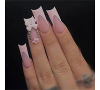 Unghie finte lunghe quadrate, a pressione, con fiocco, diamanti, decorazione per nail art, rosa opaco, per donne e ragazze, 24 pezzi