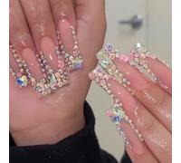 Unghie finte lunghe quadrate, a pressione, lussuose, con strass colorati, decorazione per nail art, manicure francese, per donne e ragazze, 24 pezzi