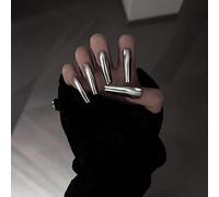 Unghie Finte Lungo MouyouGlow,Ballerina Argento Mirror Chrome Plain Metallic Spiegel Press on Nails con Colla,Silver Reflective Fake Nails