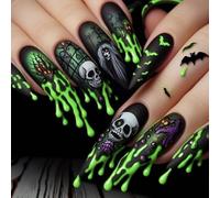 Unghie Finte Lungo MouyouGlow,Stiletto Halloween Nero Scream Ghostface Verde Blood Skull Pipistrello Cranio Horror Creepy Gothic Press on Nails con Colla,Black Fake Nails