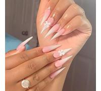 Unghie Finte Lungo MouyouGlow,Stiletto Rosa Gradiente Bianche 3D Papillon Bow Tie Y2K Design Press on Nails con Colla,Pink Ombre White Fake Nails