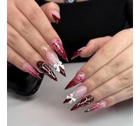 Unghie Finte Lungo MouyouGlow,Stiletto Rosso Scuro Borgogna French 3D Papillon Bow Tie Argento Cuore Perle Y2K Press on Nails con Colla,Dark Wine Red Colourful Strass Fake Nails