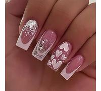 Unghie Finte Media Lunghe MouyouGlow,Squadrata Bianco French 3D Sweet Stelle Cuore Glitter Argento Press on Nails con Colla,Valentine White Tips Silver Bling Fake Nails