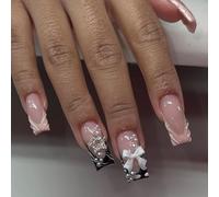 Unghie Finte Media Lunghe MouyouGlow,Squadrata Nudo Nero French 3D Water Ripple Bow Papillon Strass Stella Y2K Coquette Press on Nails con Colla,Black Tips Fake Nails