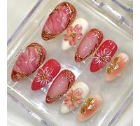 Unghie finte medie a mandorla 3D con linea dorata e camelia Unghie finte flessibili e resistenti