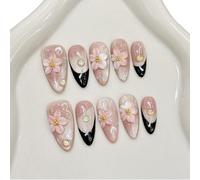 Unghie finte medie a mandorla fatte a mano con fiori 3D e strass rosa sfumato e punta nera French per l'estate, per donne, con colla riutilizzabile, 10 pezzi (L)