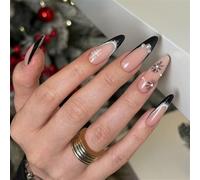 Unghie finte natalizie eleganti con punta francese Art comode ABS Quick Wear per eventi e lavoro bordo nero scintillante unghie finte