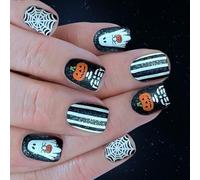 Unghie finte per Halloween, ragnatela, scheletro, scintillante, arte scintillante, riutilizzabili, 24 pezzi, set di 24 unghie scure a pressione