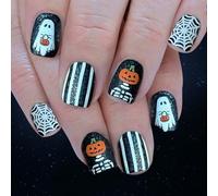Unghie finte per Halloween, ragnatela, scheletro, scintillante, arte scintillante, riutilizzabili, unghie adesive da attaccare su 24 pezzi, set di unghie finte con scheletro