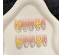 Unghie finte press-on fatte a mano, forma coffin media, fiori 3D gialli con strass rosa sfumato, argento lucido, effetto cat eye, glitter estivo, per donna, con colla, riutilizzabili, 10 pezzi (XS)