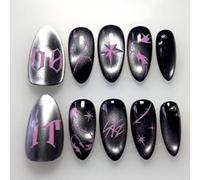 Unghie finte Press On Nails Almond Medium Black Cat Eye Pink Y2K Girly Grunge False Nail Kpop Stick on Nail Kit 24Pcs