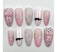 Unghie finte Press On Nails Almond Medium con fiocco 3D a pois rosa 12 misure - 24 pezzi