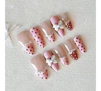 Unghie finte Press On Nails Almond Medium con fiocco 3D e punta francese rosa a pois con linguette adesive 24 pezzi