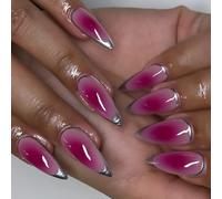 Unghie finte professionali a pressione, colore rosa rosso e argento, mandorle francesi, manicure per donne alla moda in cerca di nail art
