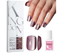 Unghie finte quadrate a forma di occhio di gatto, 120 pezzi, 15 misure, marrone rosso con colla, set di unghie finte in acrilico for fai da te, regali for donne e ragazze