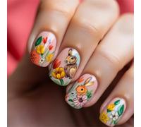 Unghie finte quadrate a pressione sulle unghie finte disegni pasquali colle sulle unghie unghie acriliche artificiali 24 pezzi Stick On Nails per le donne