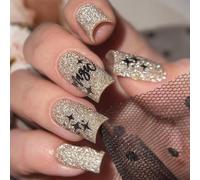 Unghie Finte Quadrate Con Glitter Lettere Disegni Full Covers Premere Le Unghie Manicure Arte Per Feste E Data Applicazione Veloce Chiodo