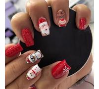 Unghie finte quadrate corte, 24 pezzi, colore bordeaux, tinta unita, lucide, con colla per unghie, per donne e ragazze (rosso vinaccio), alce di Natale, pupazzo di neve, fiocco di neve