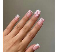 Unghie finte quadrate rosa medio con fiocco 3D e perle, unghie finte pre-progettate, riutilizzabili, per feste, matrimoni, compleanni e tutti i giorni