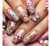 Unghie finte quadrate RUNRAYAY, unghie finte corte a farfalla con motivo floreale, unghie finte adesive naturali e dalla vestibilità impeccabile