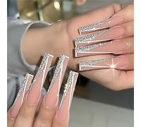 Unghie finte rosa lunghe unghie finte francesi glitterate a pressione, unghie a ballerina in acrilico, unghie adesive 24 pezzi per donne e ragazze (colore: rosa, dimensioni: 1 pezzo (confezione da 1)