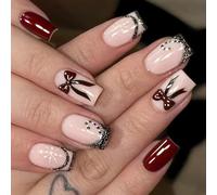 Unghie finte rosse con fiocco rosso, facili da applicare, design ergonomico e confortevole, da applicare sulle unghie per le donne