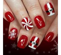 Unghie finte rosse glitterate a pressione, 24 pezzi, fiocco di neve invernale per feste di Natale, per donne, manicure festiva, pronte per Babbo Natale, stampa sulle unghie per feste di vacanza