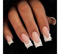 Unghie finte rotonde lunghe con punta francese bianca e perle 3D unghie finte Y2K acriliche per nail art 24 pezzi