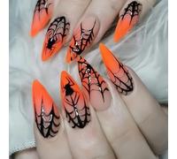 Unghie finte sfumate arancione Halloween 24 pezzi ragnatele staccabili senza colla