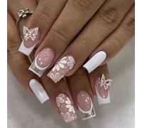 Unghie floreali bianche a farfalla con strass, 24 pezzi, a pressione, per donne che amano l'arte e le occasioni festive