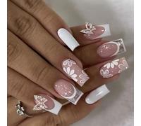 Unghie floreali bianche a farfalla con strass, 24 pezzi, per donne che amano l'arte e le occasioni festive nail art per le donne