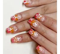 Unghie floreali da donna, quadrate, francesi, con 12 misure e 24 pezzi, riutilizzabili, senza colla necessaria per una lunga durata, perfette per matrimoni, feste, nail art