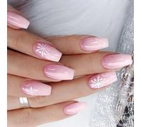 Unghie natalizie in acrilico con disegni di fiocchi di neve, unghie finte lunghe, per donne, facile applicazione, 24 pezzi