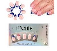 Unghie Press On | 24 Unghie Artificiali Corte 4 Luglio,Copertura Completa Effetto Nudo con Decorazione a Forma Mandorla per Estate e Occasioni Speciali