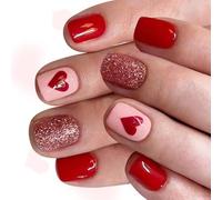 Unghie quadrate corte ABS atossiche da spingere 24 pezzi rosso glitter ombres cuore arte sicura per l'uso quotidiano unghie corte quadrati artificiali design cuore
