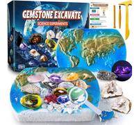 UNGLINGA Set di scavi con pietre preziose per bambini, ragazzi e ragazze, idea regalo di compleanno con 15 pietre preziose e fossili, con attrezzi, geologia educativa -S.T.E.M. giocattolo