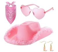 Ungtyb Pink Cowgirl Costume Hat Set for Women, 4x Size Cowboy Hat with Plush Trim, Includes Bandana Glasses Earrings, Perfect Role Play Accessory for Parties and Photography, 1 Set