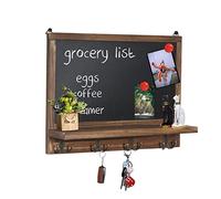 UNHO Lavagna da parete con ganci, 42 x 30 cm, lavagna da cucina, bacheca per messaggi di famiglia, cornice rustica, in legno, con ripiano e 4 ganci in metallo per chiavi, cappelli, cappotti